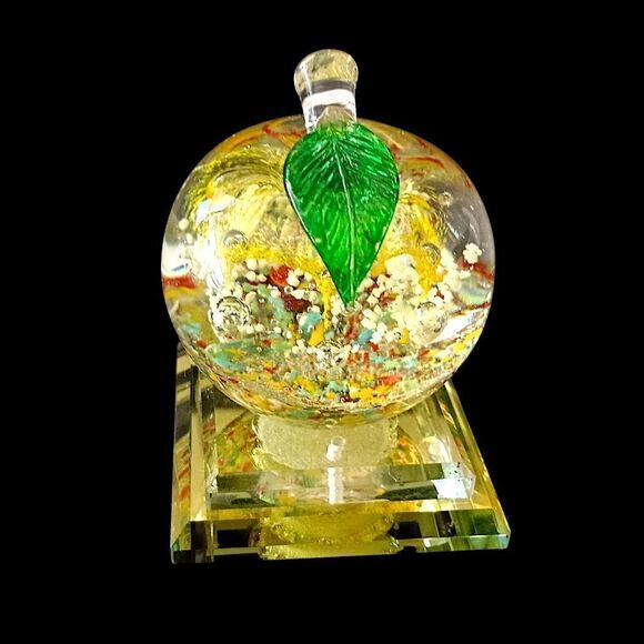 Handblown Apple Paperweight Art Glass Pedestal Multi Colored Bubbles TINY FLAW. - Picture 6 of 16